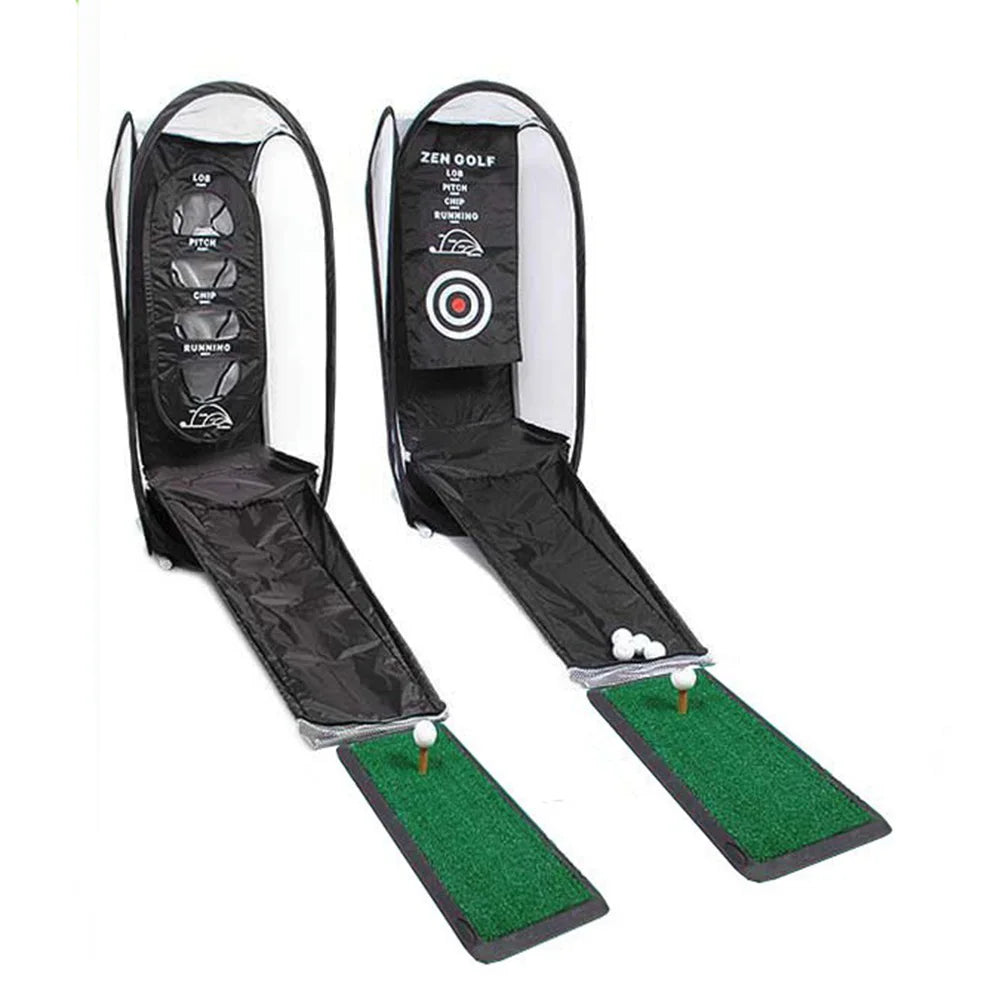 Indoor/Outdoor Golf Swing Trainer for precise chipping and full-swing training, indoors or out.