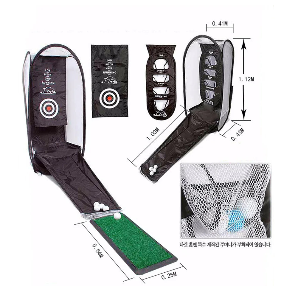 Indoor/Outdoor Golf Swing Trainer for precise chipping and full-swing training, indoors or out.