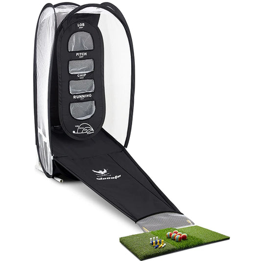 Indoor/Outdoor Golf Swing Trainer for precise chipping and full-swing training, indoors or out.