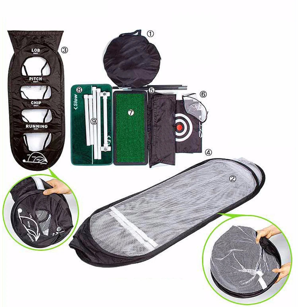 Indoor/Outdoor Golf Swing Trainer for precise chipping and full-swing training, indoors or out.