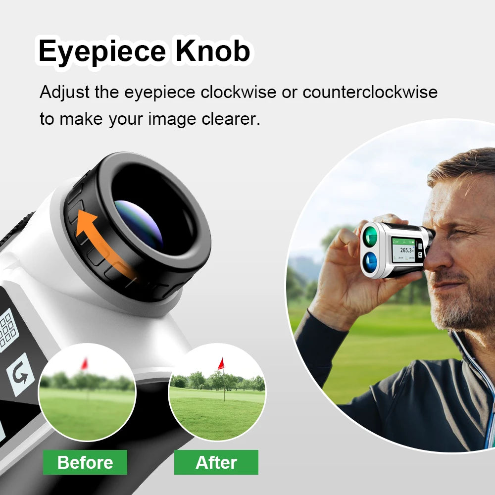 Adjust the eyepiece knob for clearer views with the Smart Golf Rangefinder with Slope Laser Range Finder and Touch Screen Flag Lock Vibration.